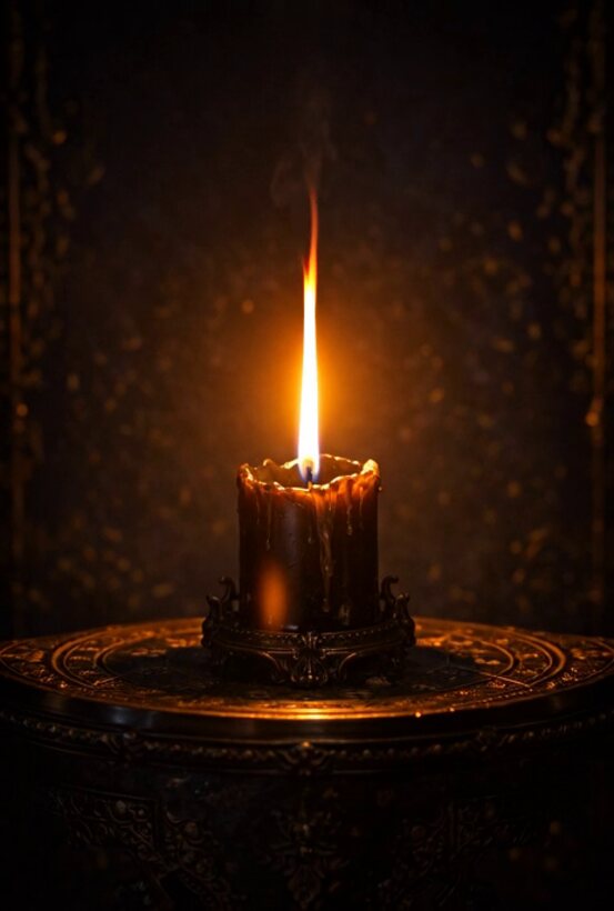 La bougie de l'Oracle de la Flamme, sa flamme penchée vers le oui