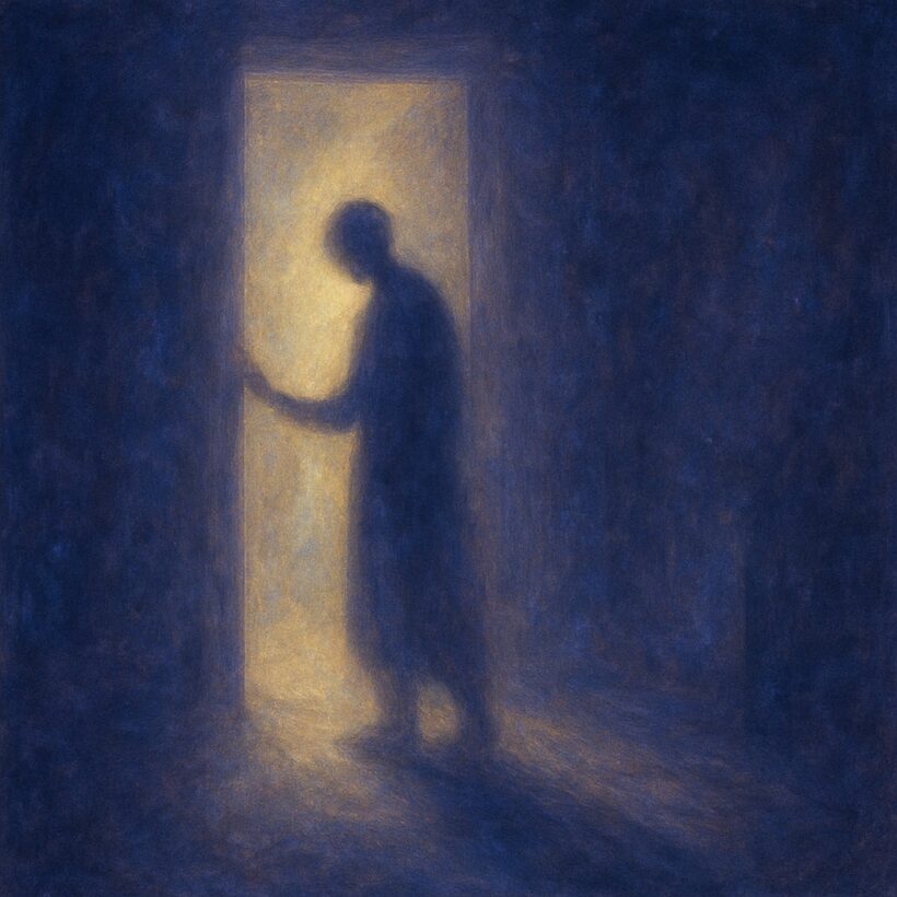 Vision médiumnique symboliste : une silhouette hésite au seuil d'une porte baignée de lumière